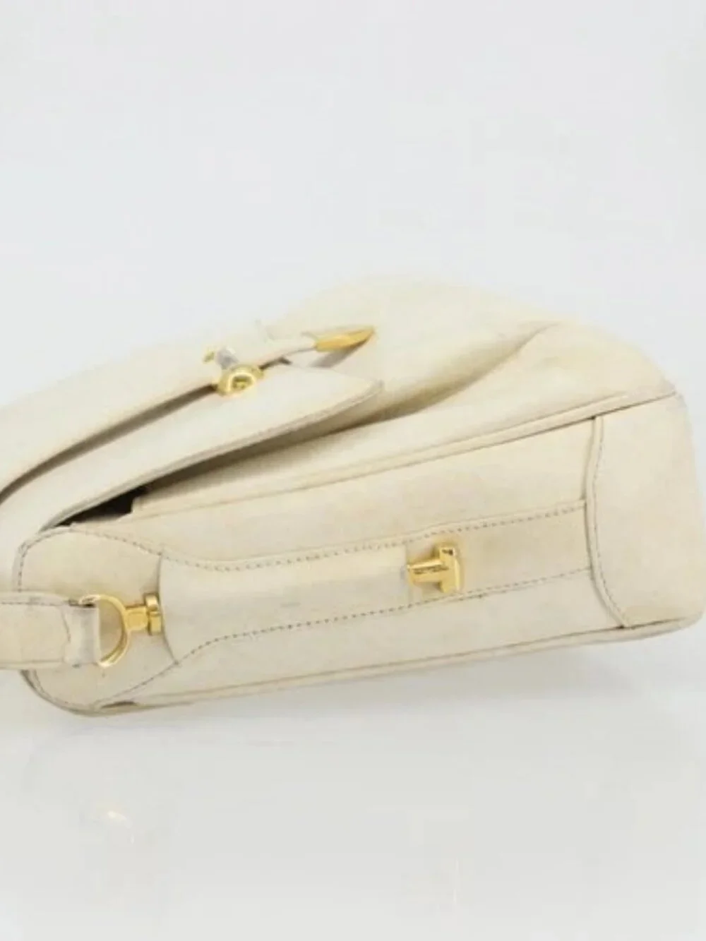 GUCCI Shoulder Bag Leather White Gold Auth BAZ692